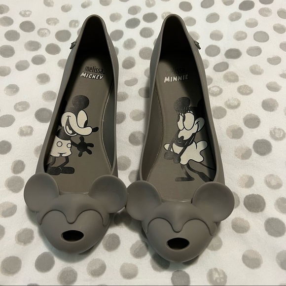 NWT Melissa Woman’s Ultragirl Minnie Peep Toe Mickey Ears Ballet Flat Grey Sz 5 - Picture 3 of 15